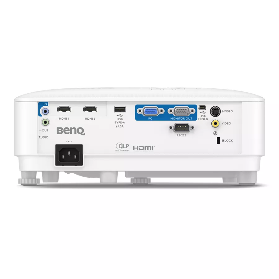 Port belakang BenQ MX560: 2 HDMI, VGA in, monitor out, audio in, audio out, USB-A, RS232