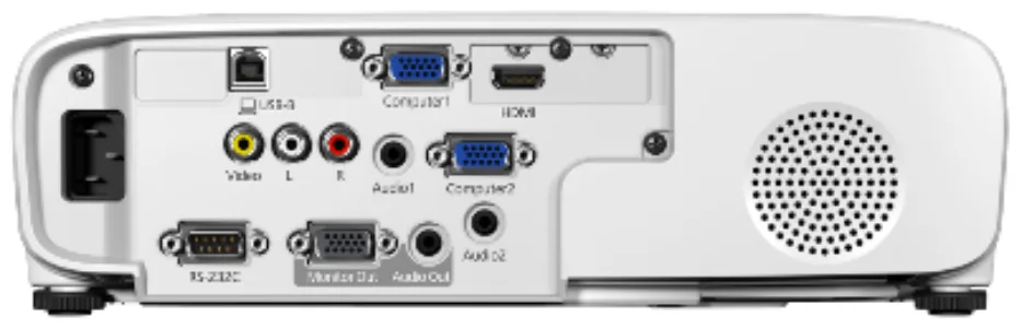 Port belakang Epson EB-E600: HDMI, dua VGA, monitor out, RCA, audio in, audio out, USB-B, RS-232C