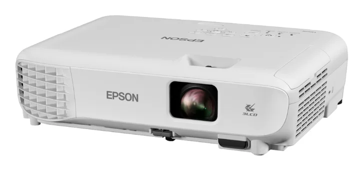 Desain Epson EB-E600 tampak samping dengan lensa dan penutup lensa geser