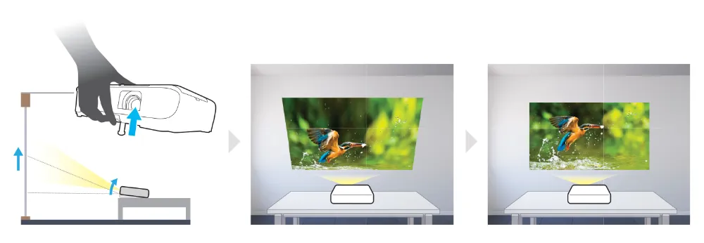 Fitur auto vertical keystone Epson EB-X500 meluruskan gambar saat kaki proyektor dinaikkan