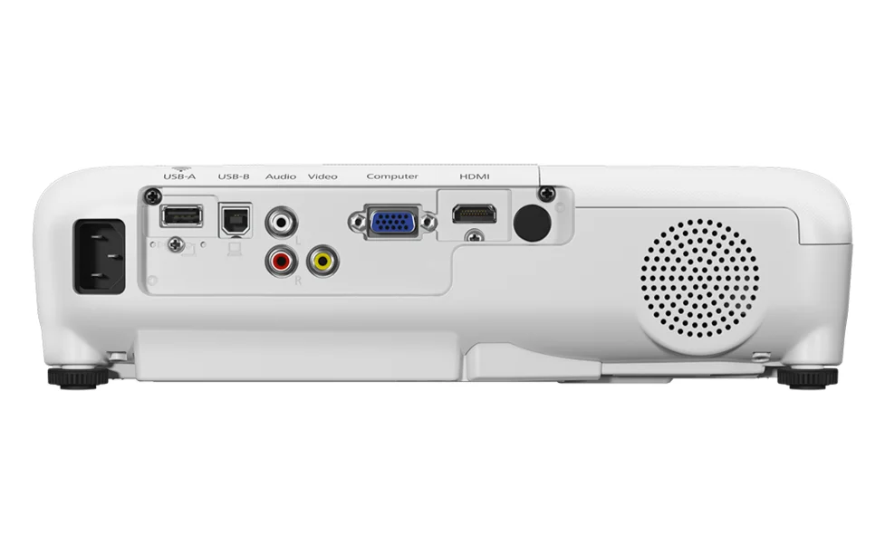 Port belakang Epson EB-X500: USB-A, USB-B, audio in RCA, video RCA, VGA, HDMI