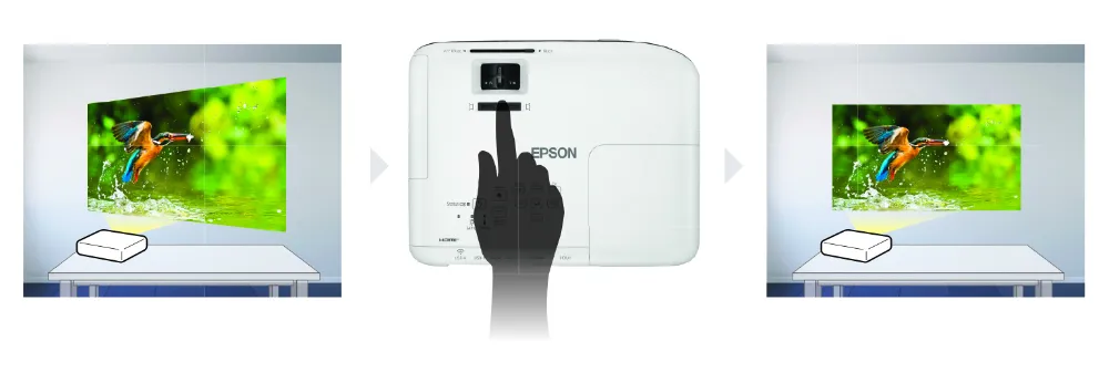 Slider keystone horizontal di atas bodi Epson EB-X500 untuk meluruskan gambar miring ke samping