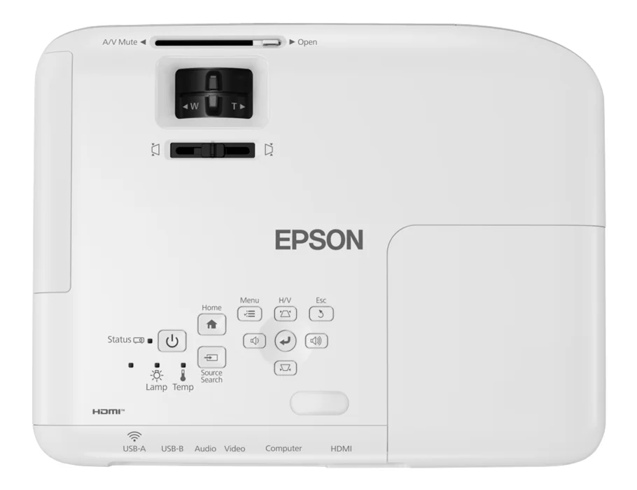 Tampak atas Epson EB-X500 dengan slider keystone, tuas zoom, ring fokus, dan tombol panel kontrol