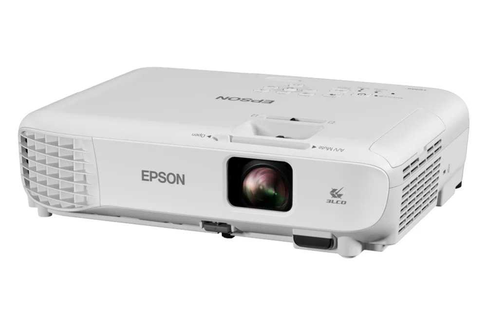 Dimensi Epson EB-X500 tampak samping, 302 x 77 x 234 mm dengan berat 2,5 kg