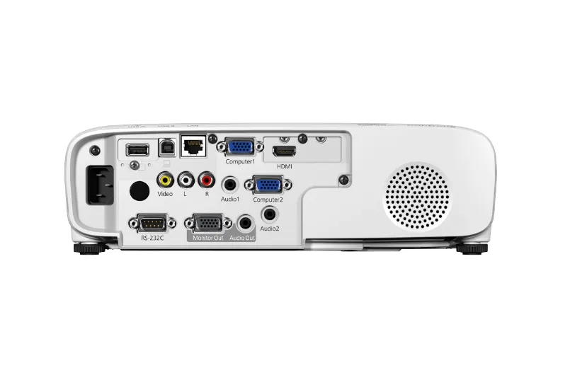 Port belakang Epson EB-X600: HDMI, dua VGA, monitor out, LAN, USB-A, USB-B, RCA, audio in, audio out, RS-232C