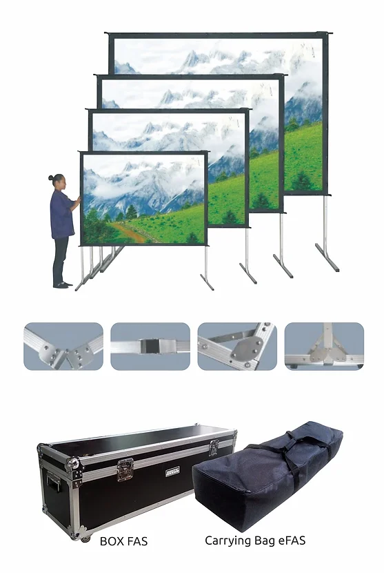Layar proyektor fast-fold BRITE lengkap dengan rangka aluminium dan kaki penyangga